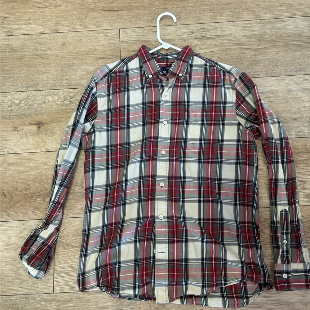 Gap Men's Red and White Plaid Shirt